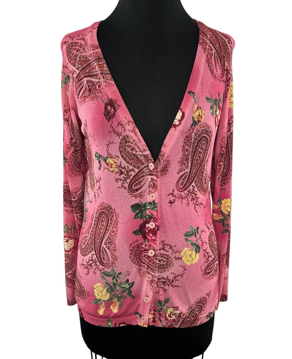 ESCADA Pink Floral Paisley Knit Button-Up Cardigan Sweater V-Neck Lightweight 36